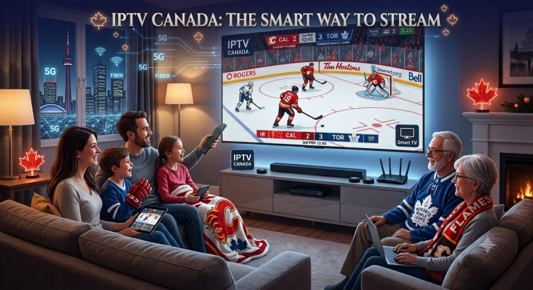A family watches an ice hockey game on a large TV in a modern living room, streaming via IPTV Canada, with digital devices and Canadian decor visible.