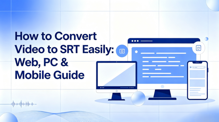 How To Convert Video To SRT Easily: Web, PC & Mobile Guide A graphic showing a monitor, desktop, and phone with text: "How to Convert Video to SRT Easily: Web, PC & Mobile Guide" on a blue and white background.