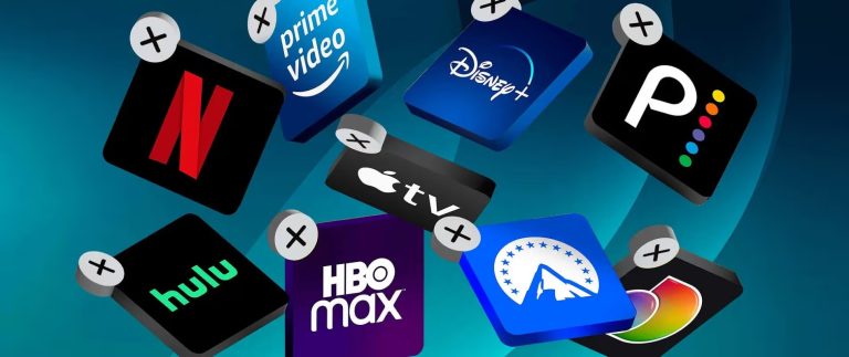 Apps for Netflix, Prime Video, Disney+, Peacock, Hulu, Apple TV, HBO Max, Paramount+, and another service with "X" icons, suggesting cancellation or removal.