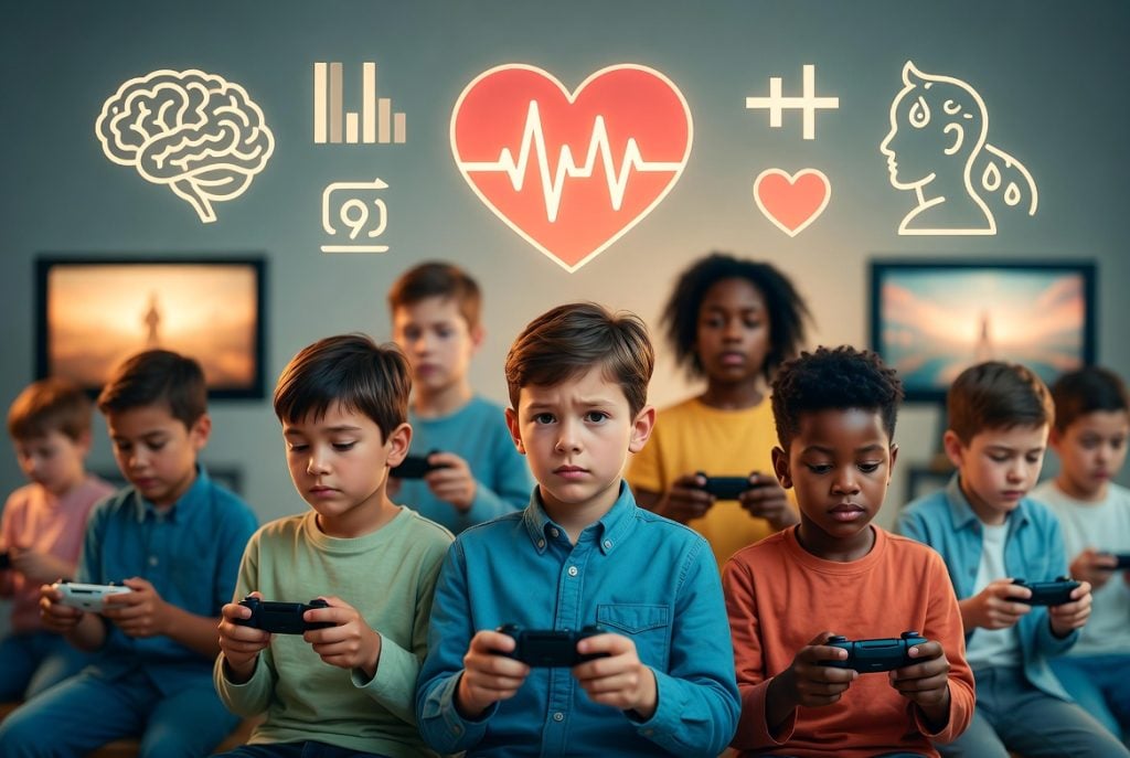 How Video Games Affect Kids’ Anxiety And Emotional Regulation A group of children sit in two rows playing video games, with health and brain-related icons digitally displayed above their heads.