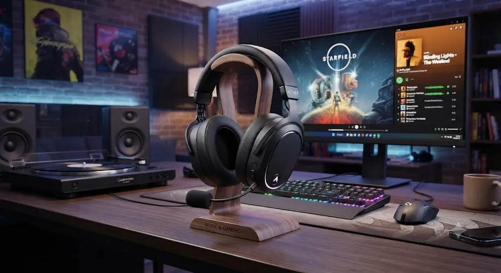 How To Choose The Right Bluetooth Headphones For Music And Gaming A gaming headset on a stand sits on a desk with a computer, speakers, turntable, keyboard, and mouse in a modern gaming setup.