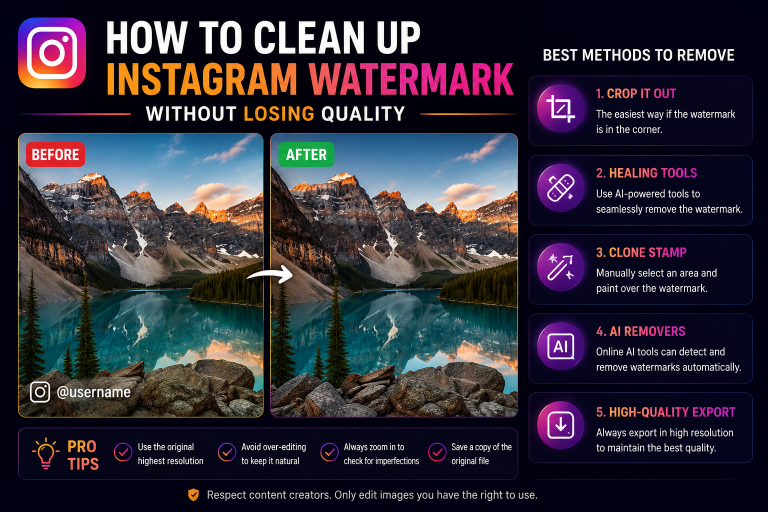 Side-by-side comparison of a watermarked and watermark-free photo with five methods listed to remove Instagram watermarks, including cropping, healing tools, clone stamp, AI removers, and high-quality export.