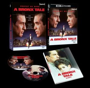 Box set of "A Bronx Tale" with 4K Ultra HD cover, two discs, and a script booklet featuring images from the film and main actors.