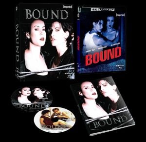 Box set of the film "Bound" showing the cover, two discs, a booklet, and a 4K Ultra HD case, featuring images of the two main characters.