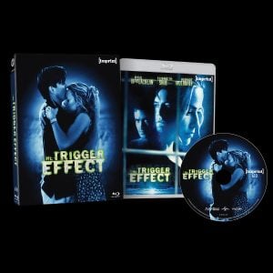 Blu-ray set of "The Trigger Effect" showing the case, cover, and disc, each featuring blue-toned images of the film's main characters.