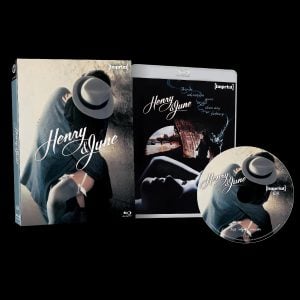 Blu-ray edition of "Henry & June" featuring the outer box, Blu-ray case, and disc, each with stylized monochrome cover art showing a figure wearing a hat.