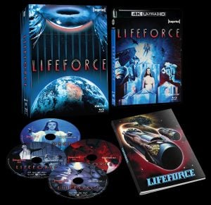A Lifeforce 4K Ultra HD and Blu-ray box set featuring illustrated packaging, three discs, and an art booklet, all with science fiction-themed artwork.