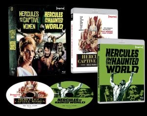 Box set with DVDs and covers for "Hercules and the Captive Women" and "Hercules in the Haunted World," featuring stylized artwork of Hercules and other characters.