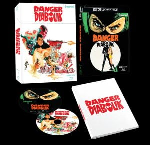 Box set of "Danger: Diabolik" with illustrated case, two discs, a booklet, and a 4K Ultra HD cover featuring stylized artwork and the film's logo.