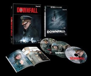 A Downfall 4K Ultra HD Blu-ray set is shown, including the movie case, multiple discs, and a booklet featuring film stills.