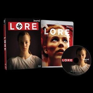 Blu-ray box set for the film "Lore" featuring the cover, disc, and case with images of a young woman and a Nazi symbol in the film title.