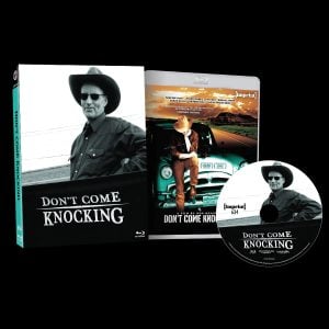 Blu-ray case, disc, and cover for the film "Don't Come Knocking," featuring a man in a cowboy hat and sunglasses standing by a car and leaning against a fence.