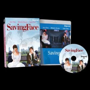 Box, Blu-ray case, and disc for the film "Saving Face," featuring actors seated on a bench, with the title and cast names visible on the packaging.