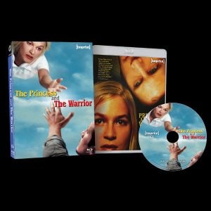 Blu-ray package for "The Princess and the Warrior," showing cover art of a woman reaching for a man's hand, with matching disc and case showing the film's title and actors' faces.