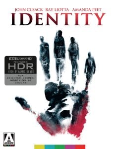 Movie poster for "Identity" shows a large handprint with silhouettes of five people inside it, featuring names John Cusack, Ray Liotta, Amanda Peet, and a 4K Ultra HD HDR label.