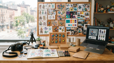 Indie creator workspace with product photos, character concepts, and social content drafts.