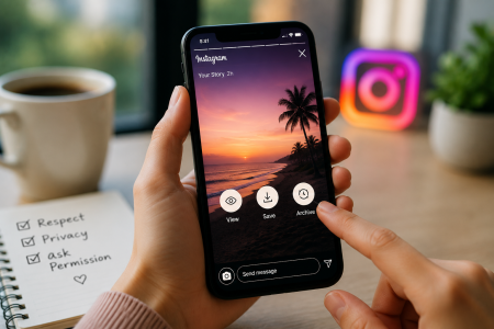 A person uses Instagram Stories on a smartphone to view a sunset beach photo, with options to view, save, or archive the story. A coffee and a notepad are on the table.