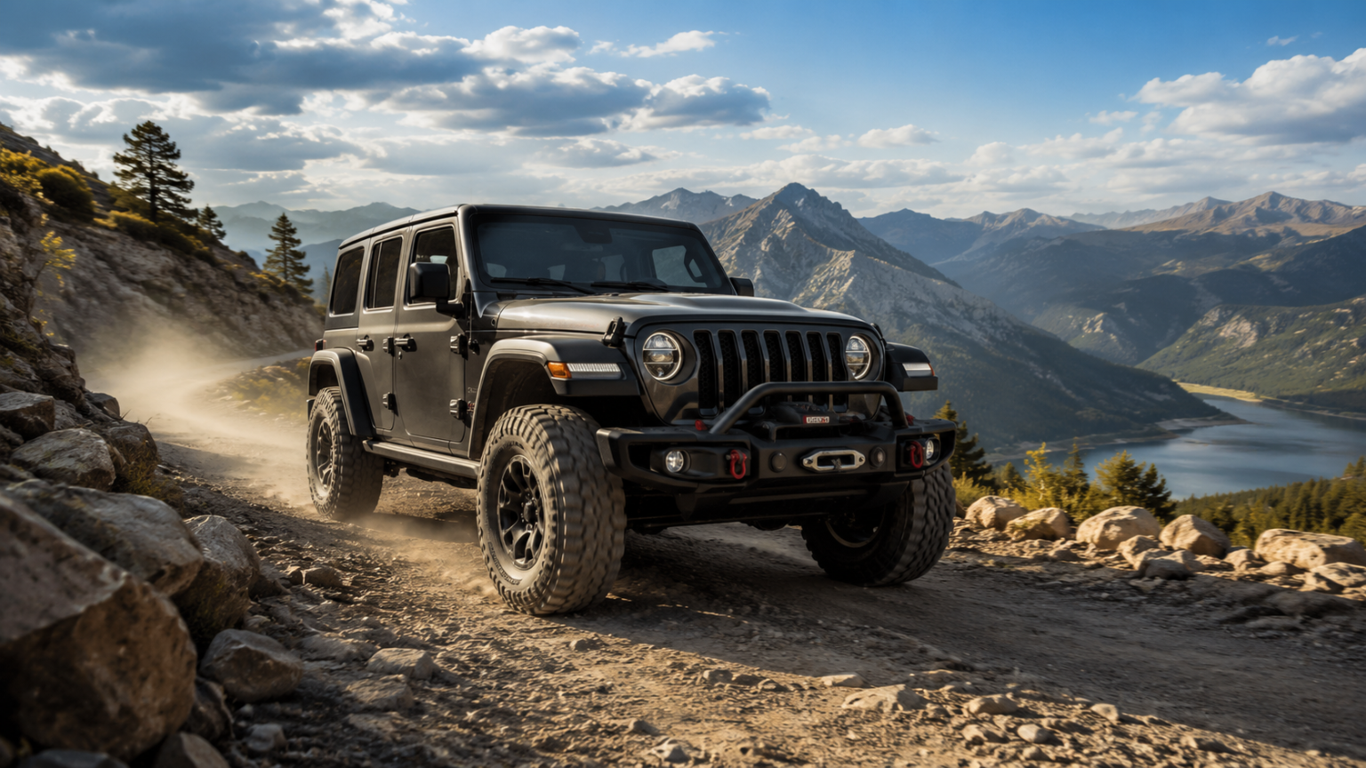 Adventure Isn’t the Only Reason People Buy Jeeps A black Jeep Wrangler drives on a rocky mountain trail, kicking up dust, with a scenic view of mountains, trees, and a lake in the background under a partly cloudy sky.