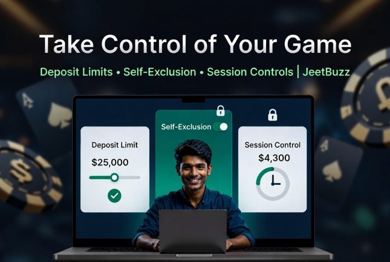 Setting Deposit Limits, Self-Exclusion, And Session Controls on JeetBuzz A man smiles at a laptop. Onscreen, graphics show deposit and session limits with amounts, and options for self-exclusion and session controls. Text reads "Take Control of Your Game.
