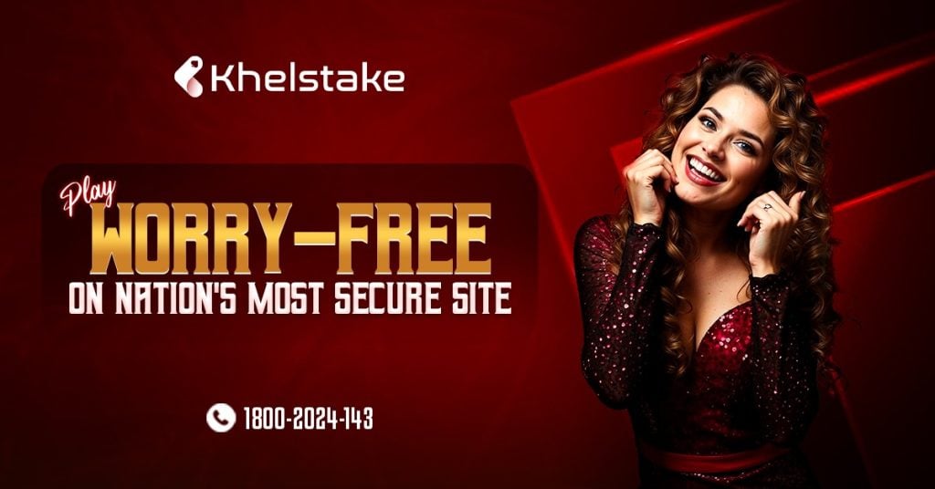 What Features Make The Khelstake Platform Easy To Use Woman with curly hair in a red dress smiles, standing next to text promoting "Khelstake" as the nation's most secure site, with a contact number displayed below.