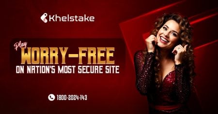 Woman with curly hair in a red dress smiles, standing next to text promoting "Khelstake" as the nation's most secure site, with a contact number displayed below.