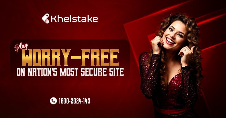 Woman with curly hair in a red dress smiles, standing next to text promoting "Khelstake" as the nation's most secure site, with a contact number displayed below.
