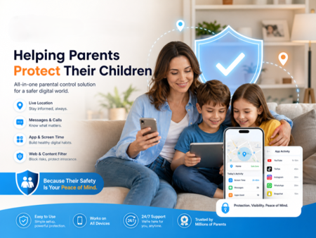 A mother sits with her two children on a couch, each holding a device, with graphics highlighting features of a parental control app, including location, screen time, and web filtering.