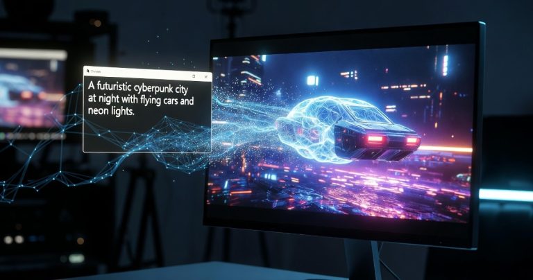 Kling 3.0 Turbo: A Faster Way To Explore AI Text-to-Video Creation A computer monitor displays digital art of a flying car with neon trails in a cyberpunk city at night; a text box describes the scene.