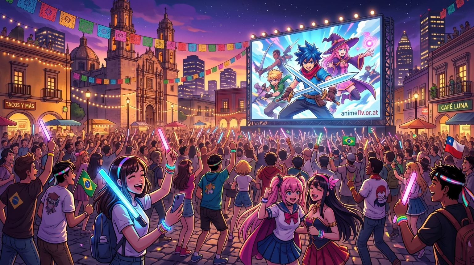 Why Latin America Became One of Anime’s Biggest Markets — And How Fans There Actually Watch A large crowd gathers at an outdoor plaza, watching an anime on a big screen. Many people wear cosplay and wave glow sticks. Colorful flags and city buildings surround the festive scene.