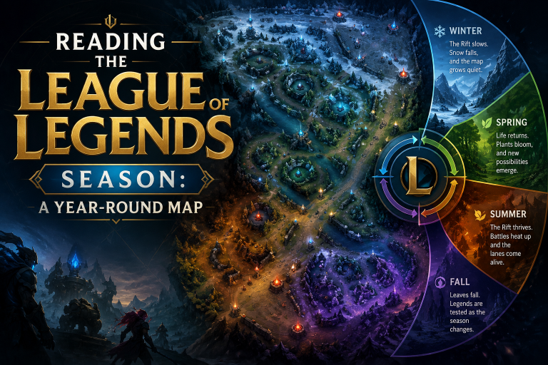 Reading The League of Legends Season: A Year-Round Map Map of League of Legends with seasonal themes: winter, spring, summer, and fall, each affecting the map's appearance and gameplay. Text explains visual and gameplay changes for each season.