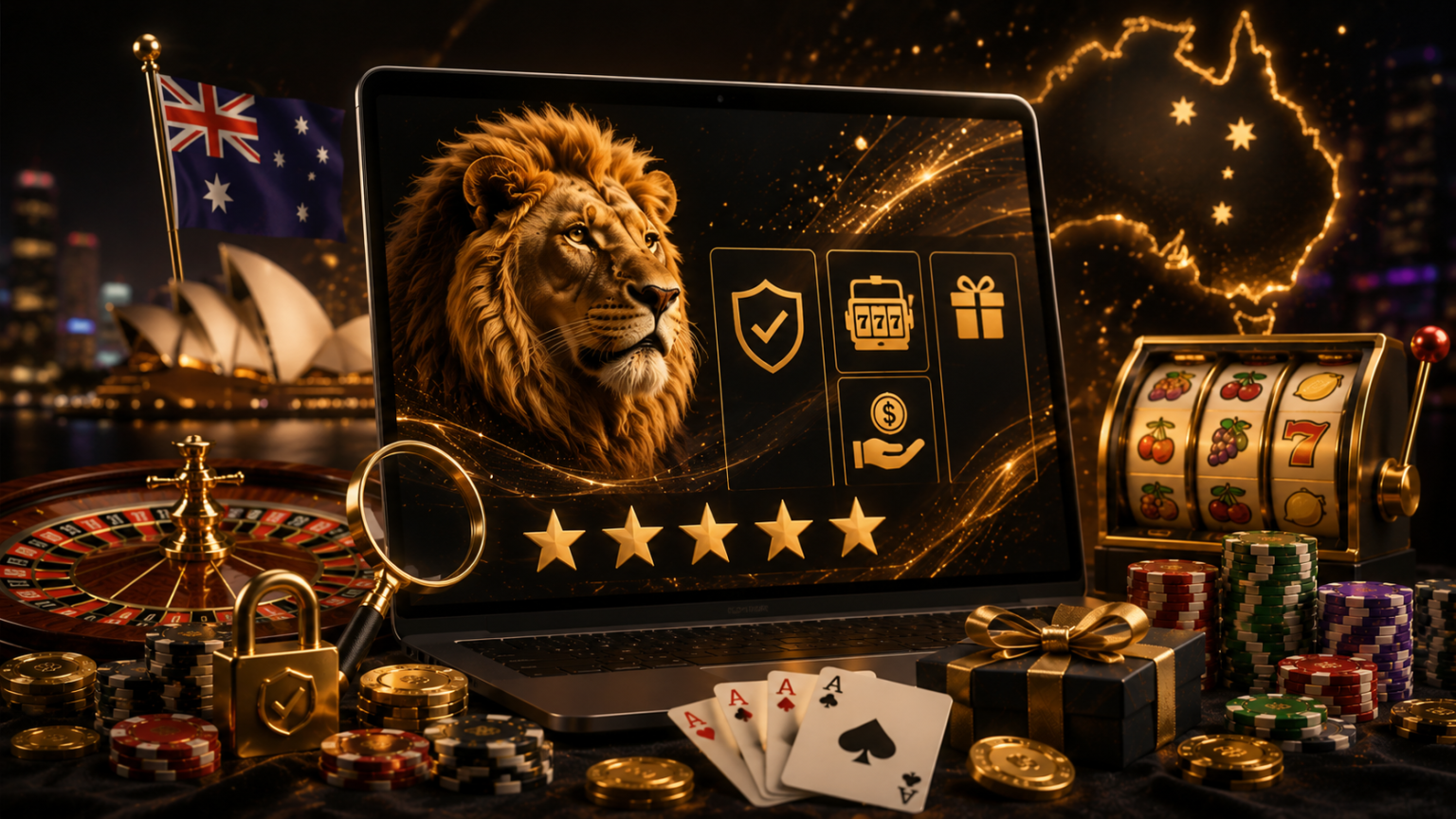 A laptop with a lion image, casino icons, and five stars, surrounded by chips, cards, a slot machine, roulette, and an Australian flag, set against a cityscape with gold accents.