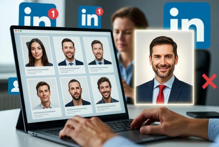 LinkedIn Headshot Crops Fail Before Recruiters Read Bios Person using a laptop to view multiple professional headshots, with LinkedIn icons in the background and one man’s photo highlighted and marked with a red X.