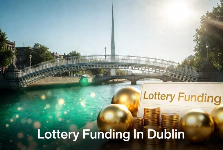 Lottery Funding In Dublin A bridge over a river in Dublin with gold balls, coins, and a "Lottery Funding" sign in the foreground; text reads "Lottery Funding In Dublin.