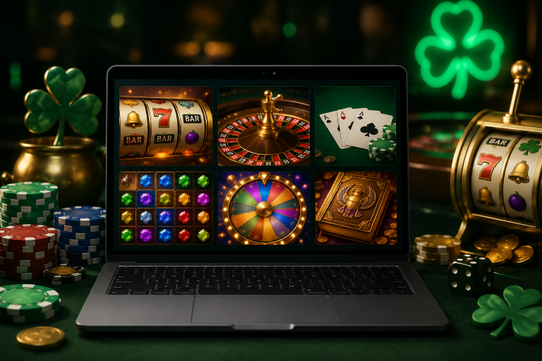 Lucky Green Casino AU: Games Worth Trying First As A New Player A laptop on a casino table displays various online gambling games, including slots, roulette, cards, and a wheel, with chips and a shamrock decoration nearby.