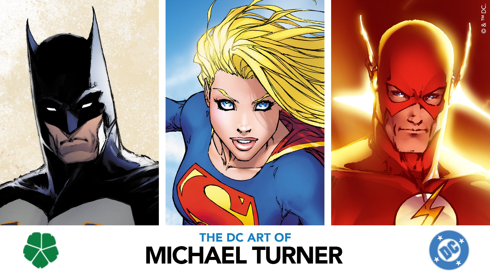 Three comic book illustrations of Batman, Supergirl, and The Flash, drawn in the distinct style of artist Michael Turner, with "The DC Art of Michael Turner" text below.