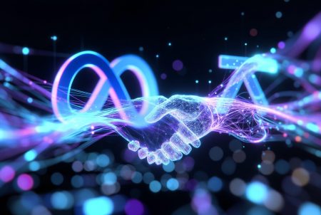 Meta’s Anthropic Talks Hint At A Bigger Shift Two glowing hands shake amid neon light trails, with a stylized infinity symbol and the letter M in the background, representing technology and digital collaboration.