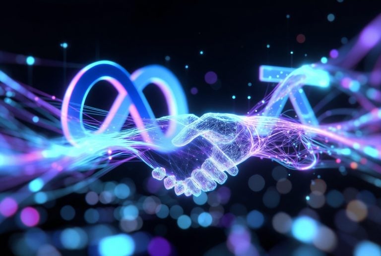 Two glowing hands shake amid neon light trails, with a stylized infinity symbol and the letter M in the background, representing technology and digital collaboration.