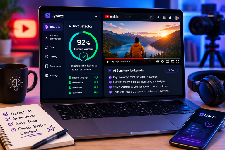A laptop displays AI detection and summary tools alongside a YouTube video; a mug, notepad, and smartphone sit nearby on a desk with colorful lighting.
