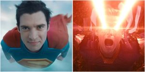 Split image: On the left, a man in a Superman costume flies in the sky; on the right, a man screams while shooting red laser beams from his eyes.