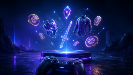 A video game controller on a dark surface with floating game items, including coins, armor, a helmet, a sword, and a crystal, illuminated by blue and purple lights.