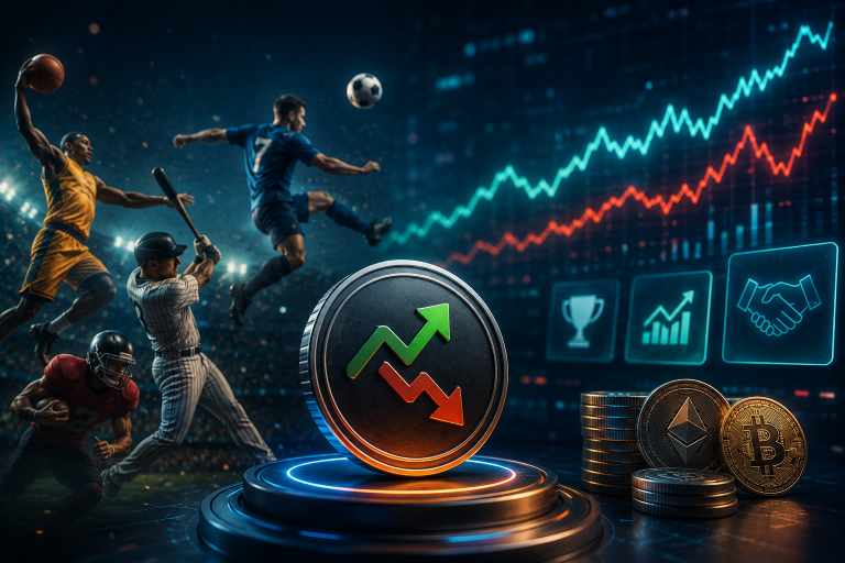 Sports players in action with financial icons, rising chart, cryptocurrency coins, and a central coin showing up and down arrows, representing sports betting or fantasy sports with finance.