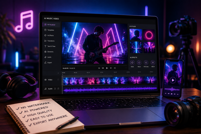 A laptop shows a music video editing program with neon visuals. Headphones, a phone, and a notepad with editing feature notes are on the desk. Neon music symbols glow in the background.