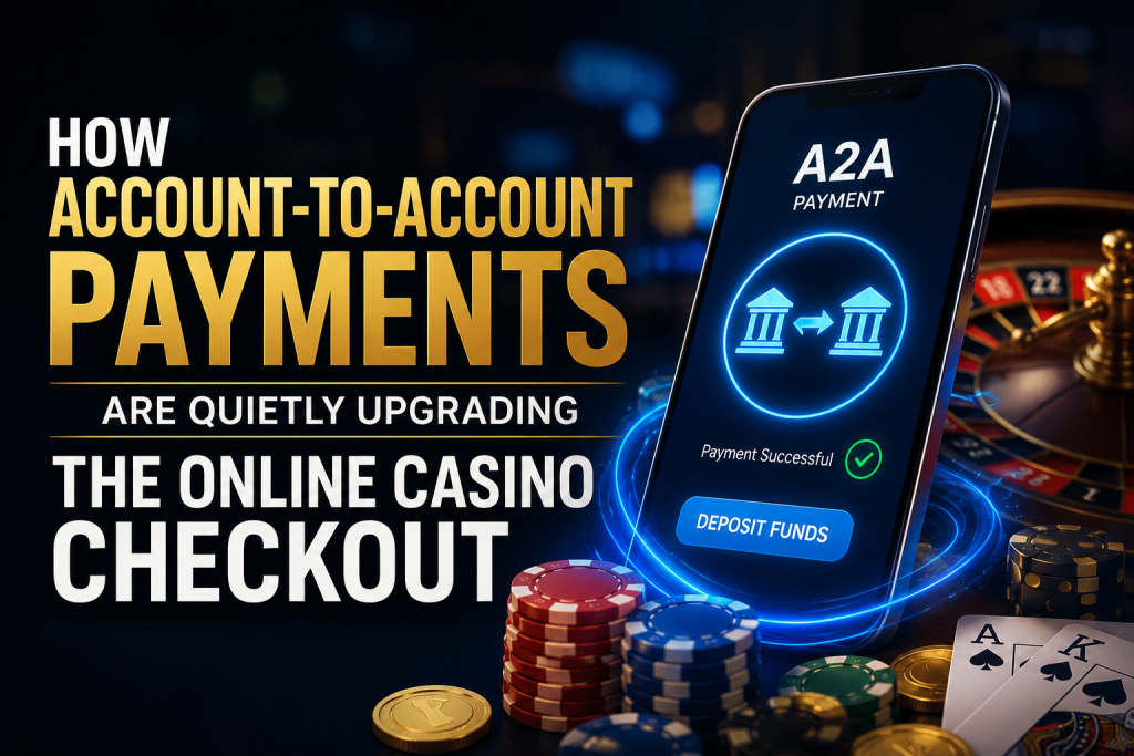 How Account-to-Account Payments Are Quietly Upgrading The Online Casino Checkout A smartphone displays an A2A payment with casino chips, a roulette wheel, and text about account-to-account payments improving online casino checkout.