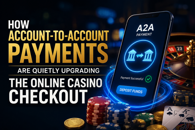A smartphone displays an A2A payment with casino chips, a roulette wheel, and text about account-to-account payments improving online casino checkout.