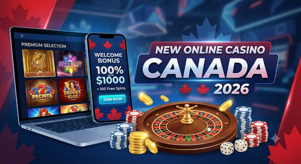 Laptop and smartphone displaying casino games, roulette wheel, chips, and coins with text: "New Online Casino Canada 2026, Welcome Bonus 100% up to $1000 + 100 Free Spins.