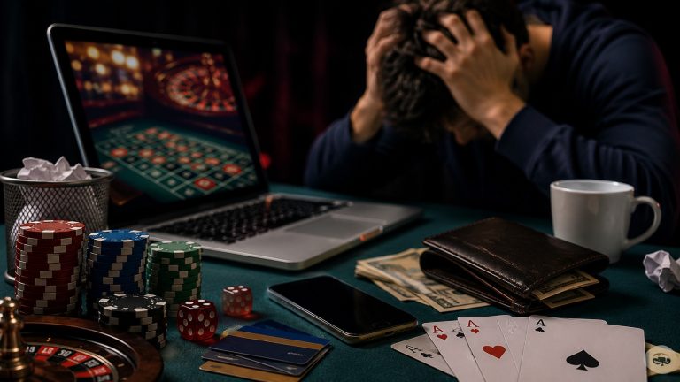 A person sits at a table with a laptop showing roulette, surrounded by poker chips, cards, money, and credit cards, holding their head in distress.