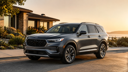 A gray SUV parked on a residential street at sunset, with a modern house and landscaped yard in the background.