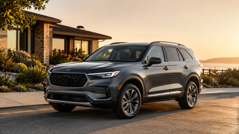 A gray SUV parked on a residential street at sunset, with a modern house and landscaped yard in the background.