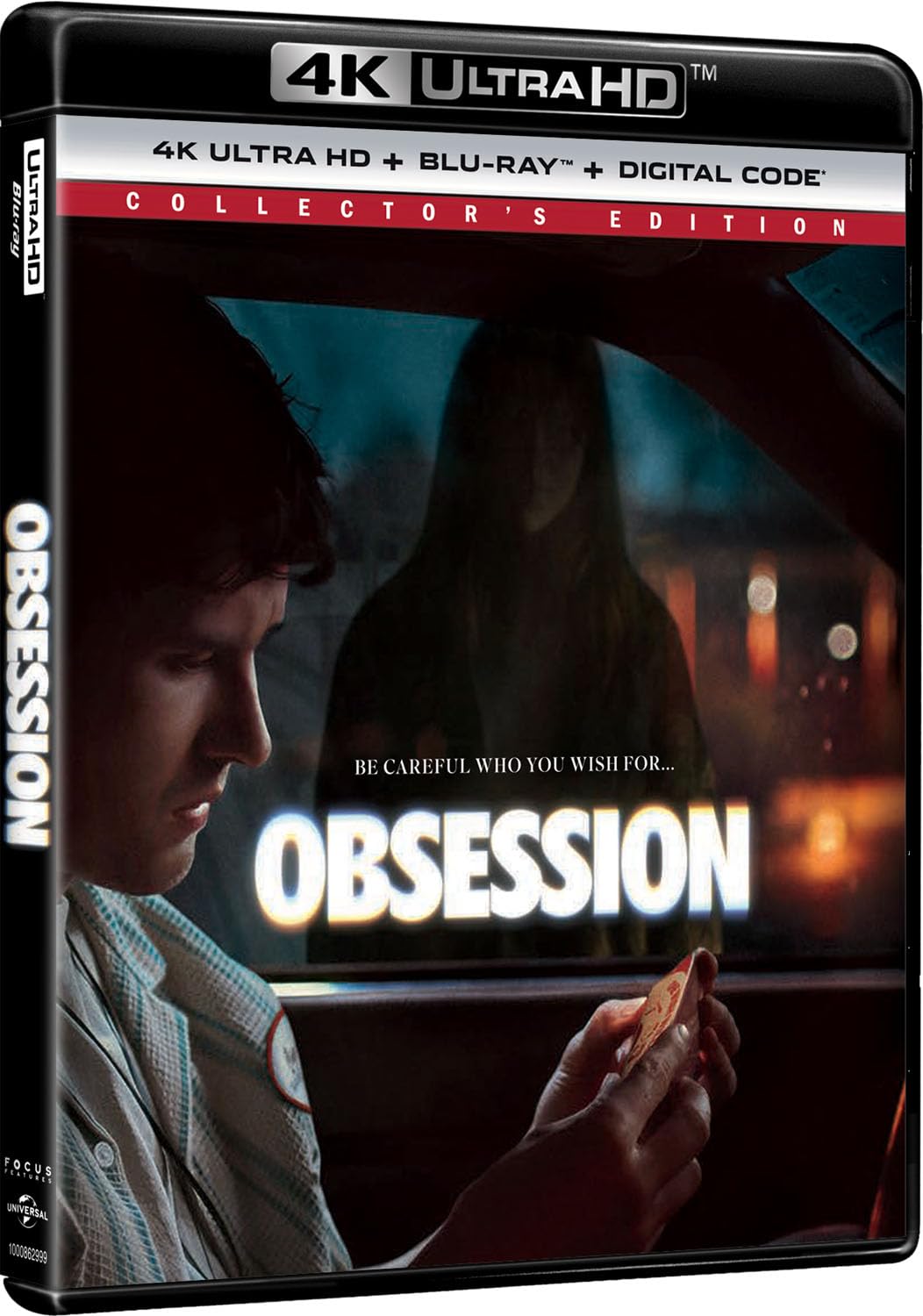 A man sits in a car at night looking at his phone, while a shadowy woman stands outside; the text reads "Obsession" with the tagline "Be careful who you wish for.