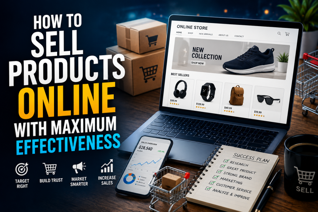 Laptop displaying an online store, surrounded by parcel boxes, smartphone with sales stats, shopping carts, and a success plan notepad, illustrating online product selling strategy.